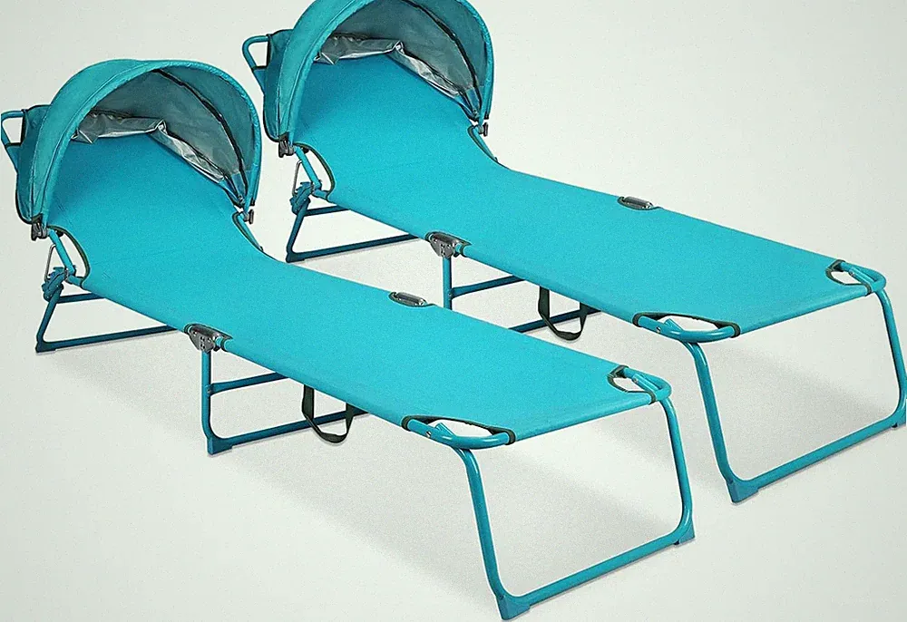 2 Pack Folding Lounge Chairs with Sunshade, Adjustable Beach Recliners - Blue