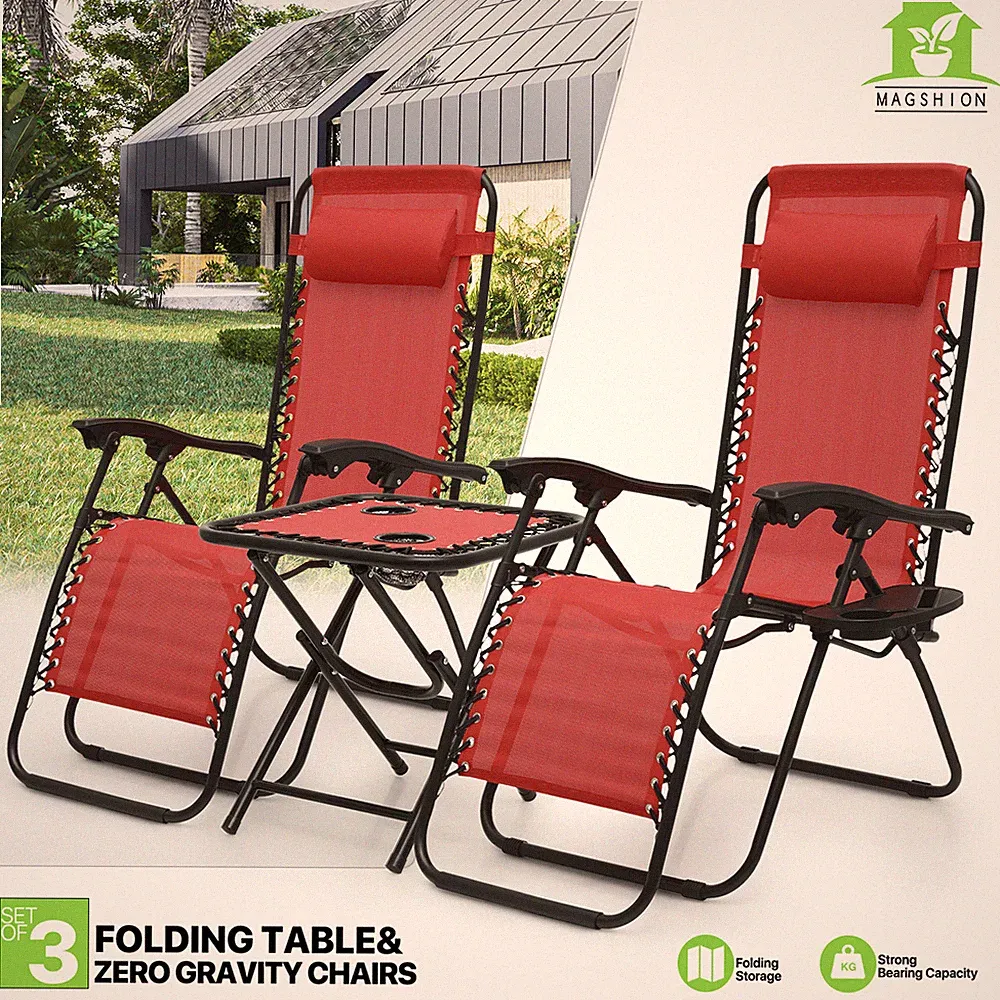 3 Pcs [ZERO GRAVITY CHAIR+PATIO TABLE SET] Recliner Foldable Beach Lounge Chaise