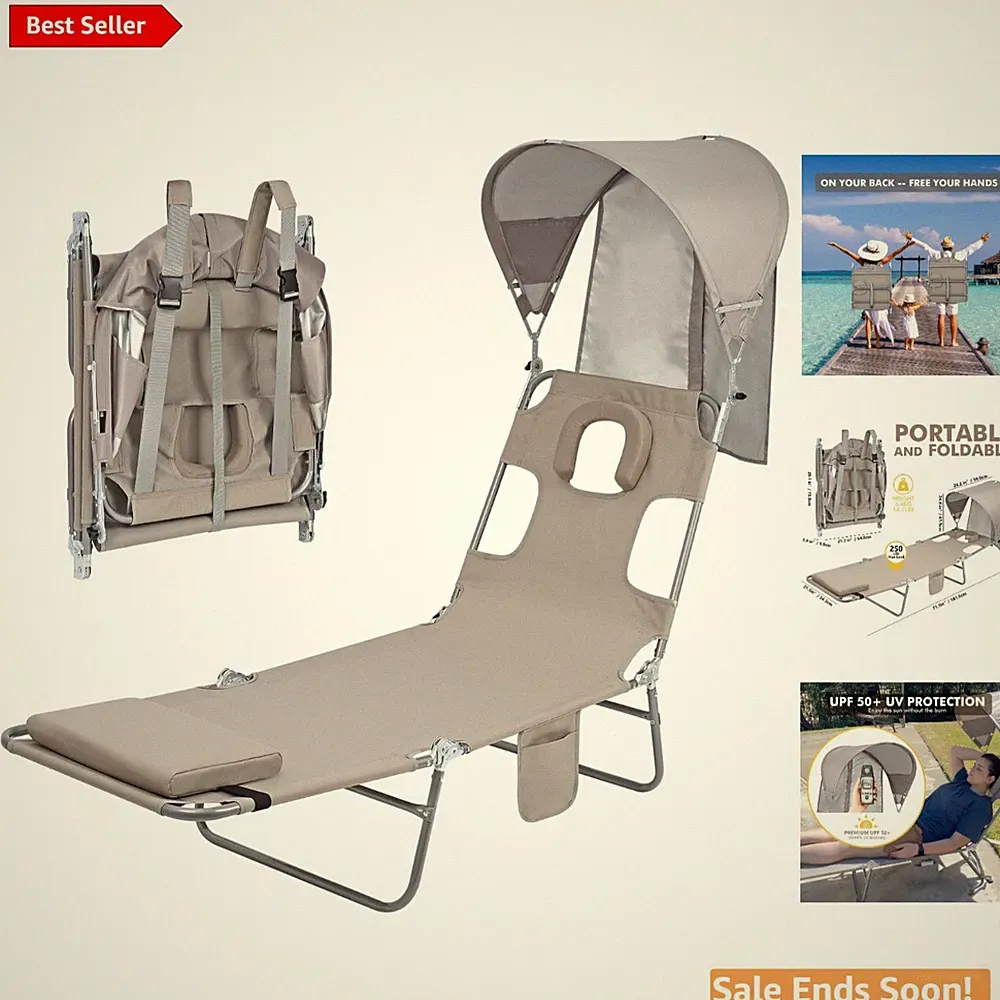 6-Position Folding Lounge Chair with Canopy for Beach and Camping Relaxation