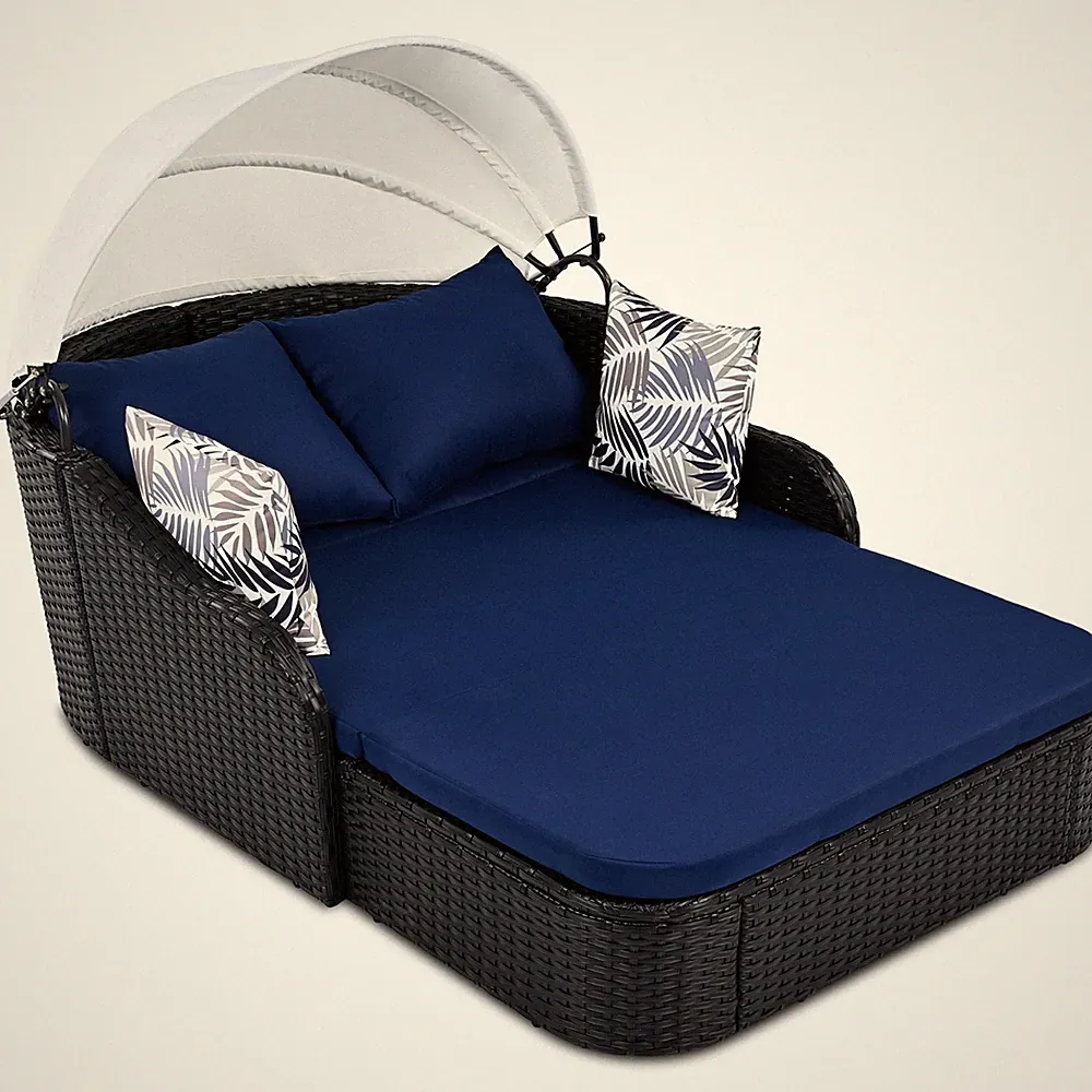79.9" Outdoor Sunbed (Adjustable Canopy, Double Lounge, Black Rattan, Blue Cushi