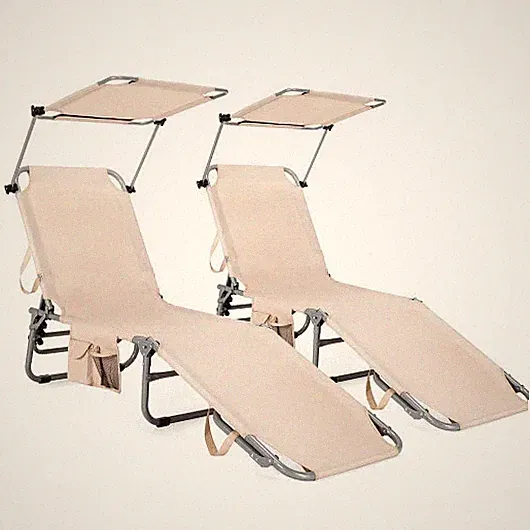 Adjustable Outdoor Beach Patio Pool Recliner with Sun Shade - Color: Beige