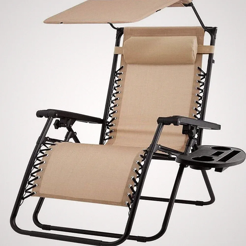 Beige Zero Gravity Folding Reclining Patio Lounge Chair with Canopy Sun Shade