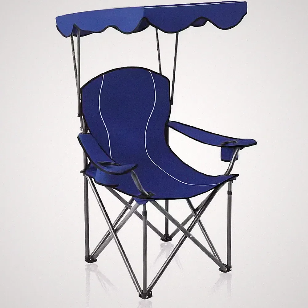 Blue Steel Folding Beach Chair with Shade Canopy Camping Recliner Support with 3