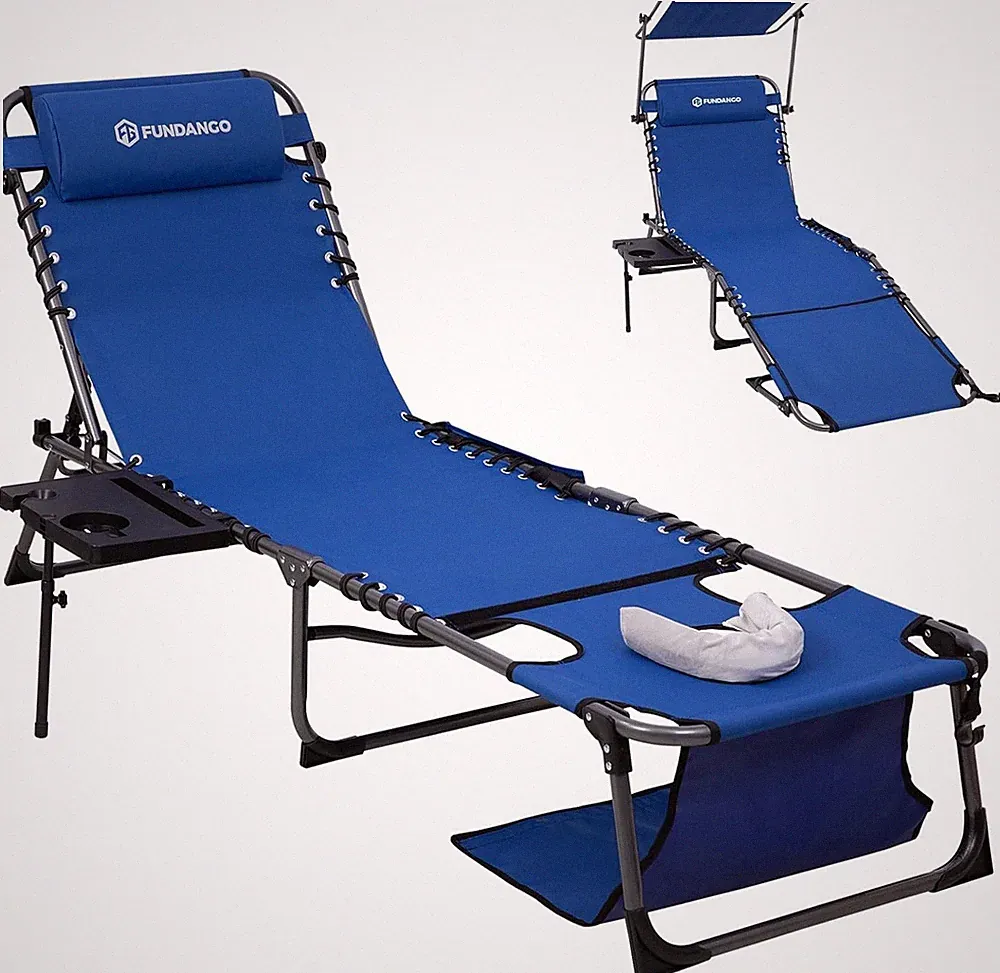 Face Down Tanning Chaise Lounge Chair Foldable, Canopy, Drink Tray Holder - Blue
