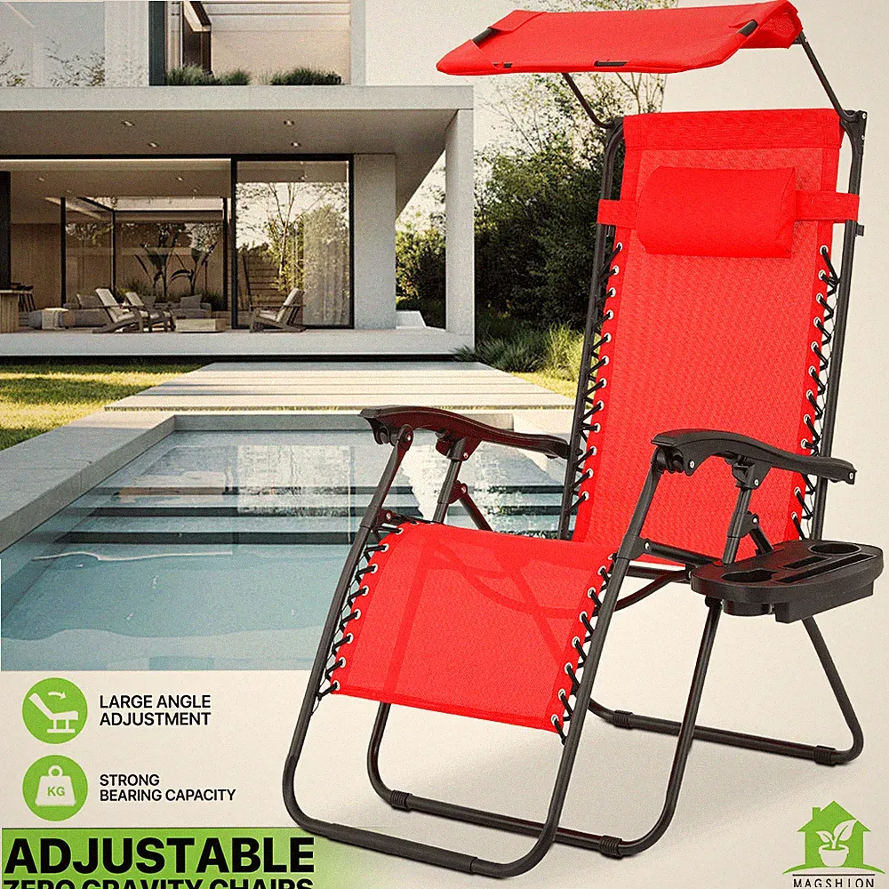 Foldable Zero Gravity Chair Beach Lounge Chair Sunshade Canopy Red w/Cup Holder