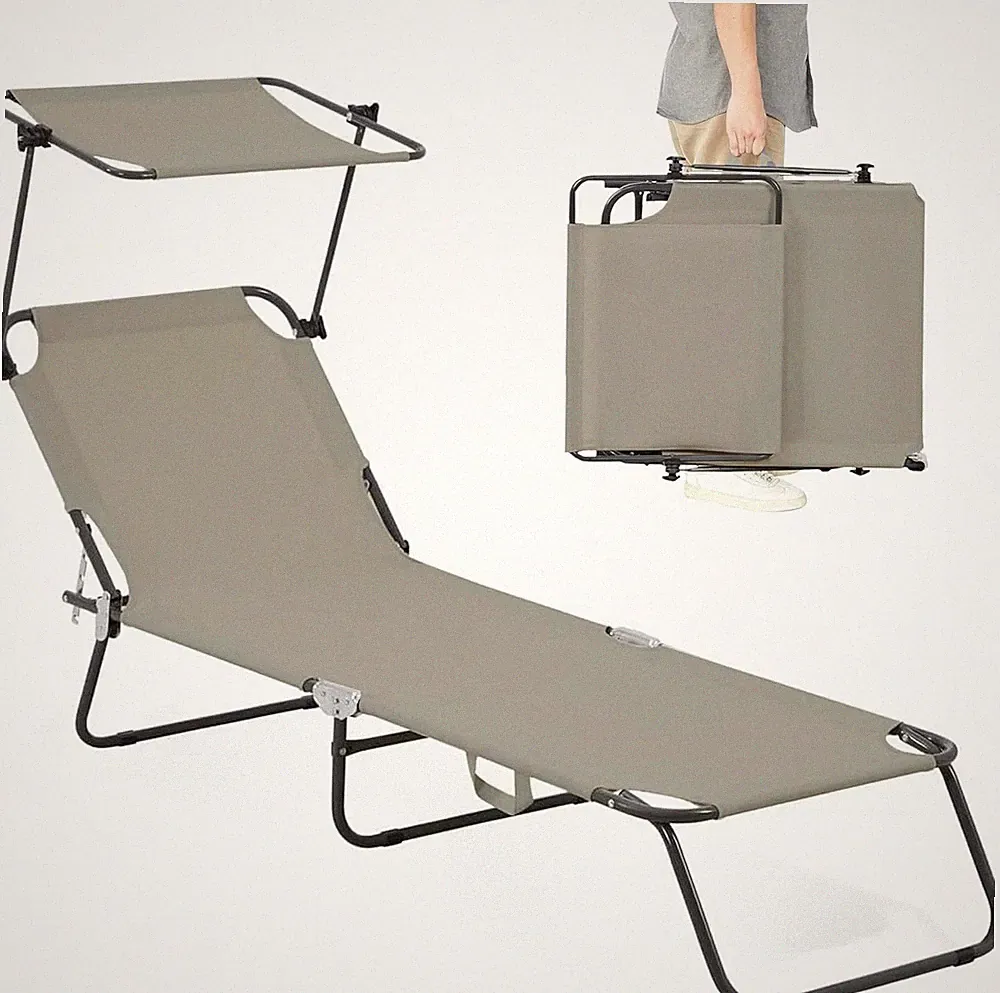Folding Outdoor Lounge Chair with Canopy - Portable & Adjustable, Taupe