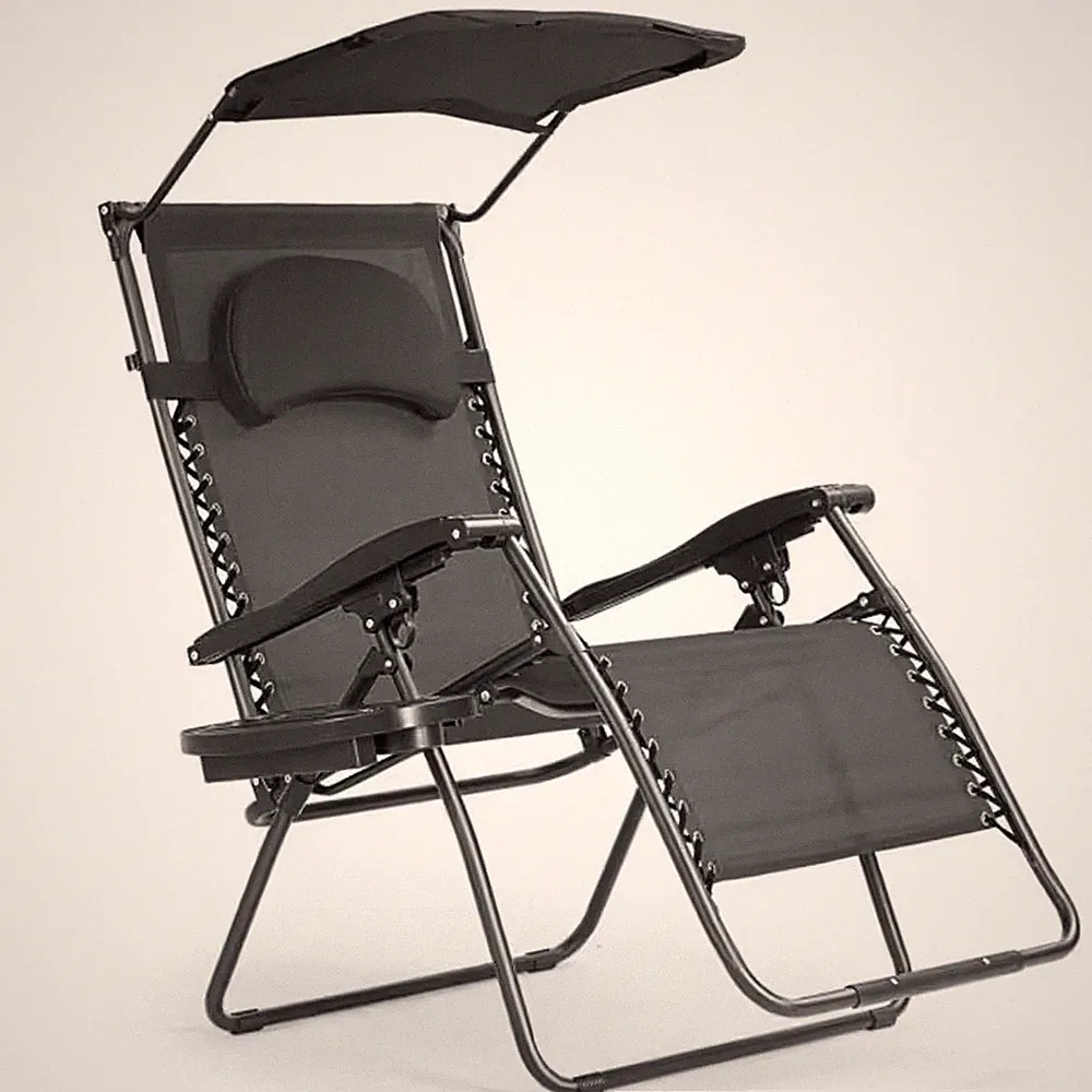 Folding Recliner Lounge Chair with Shade Canopy Cup Holder in Black