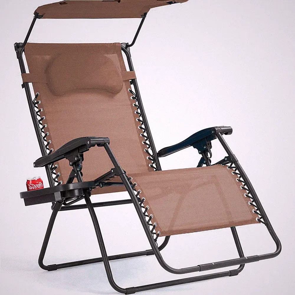 Folding Recliner Zero Gravity Lounge Chair W/ Shade Canopy Cup Holder Brown