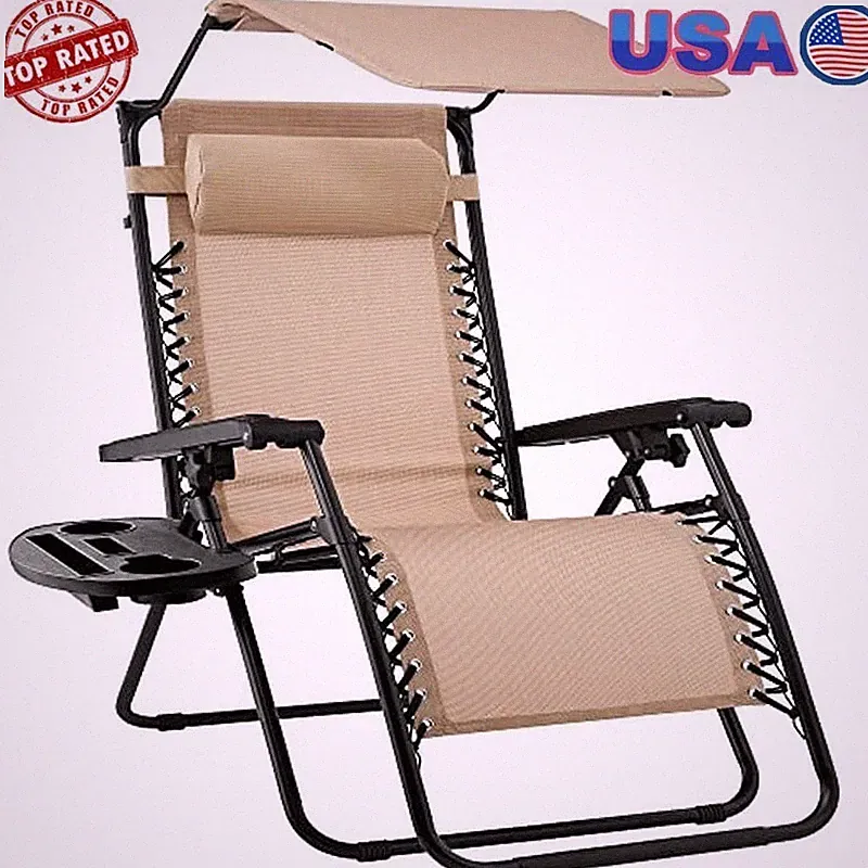 Folding Zero Gravity Recliner Chair W/ Canopy Shade Headrest Side Tray Durable