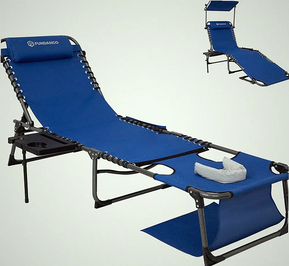 FUNDANGO 4 in 1 Tanning Chair with Face Hole, Beach Lounge Chair W/Canopy Shade