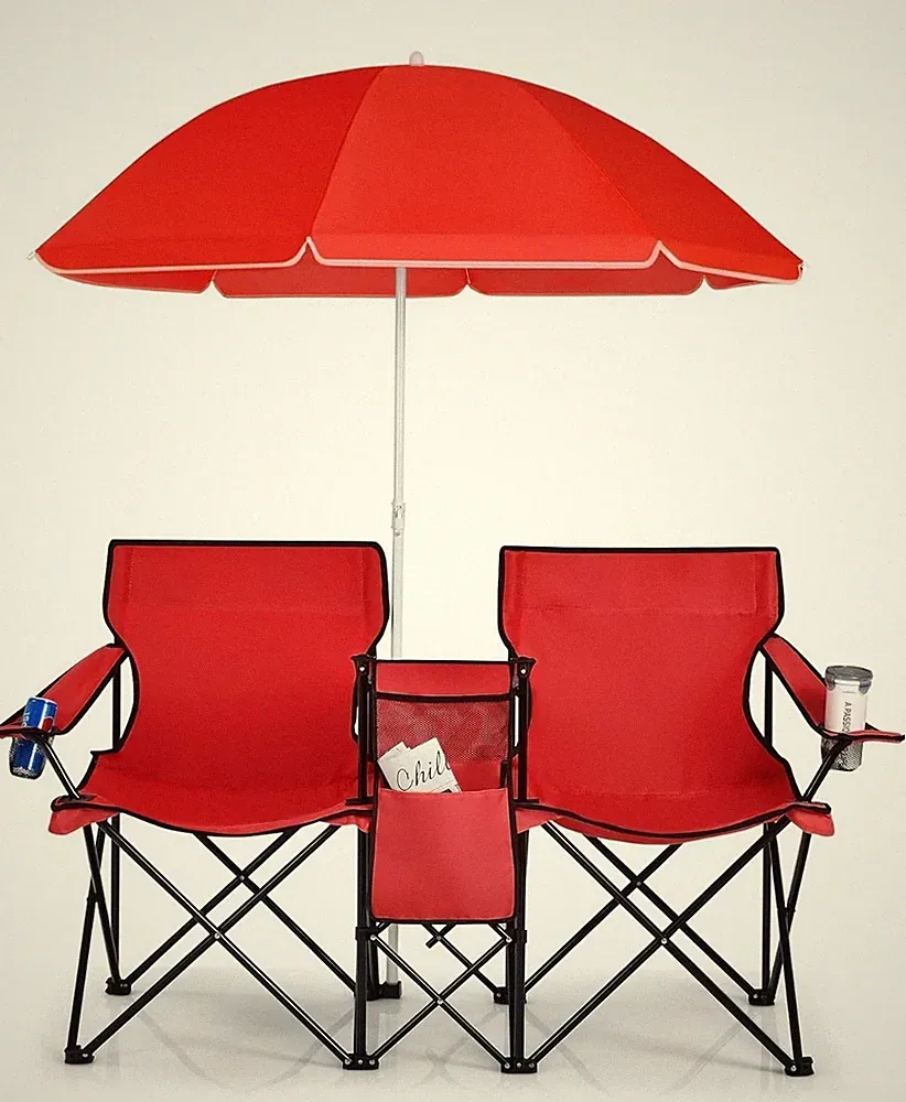 Goplus Double Camping Chair with Umbrella,Folding Loveseat Chairs w/Canopy Shade