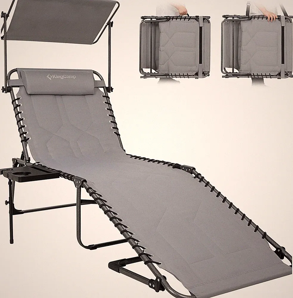 Heavy Duty Oversized Folding Tanning Chair with Canopy & Side Table, Grey