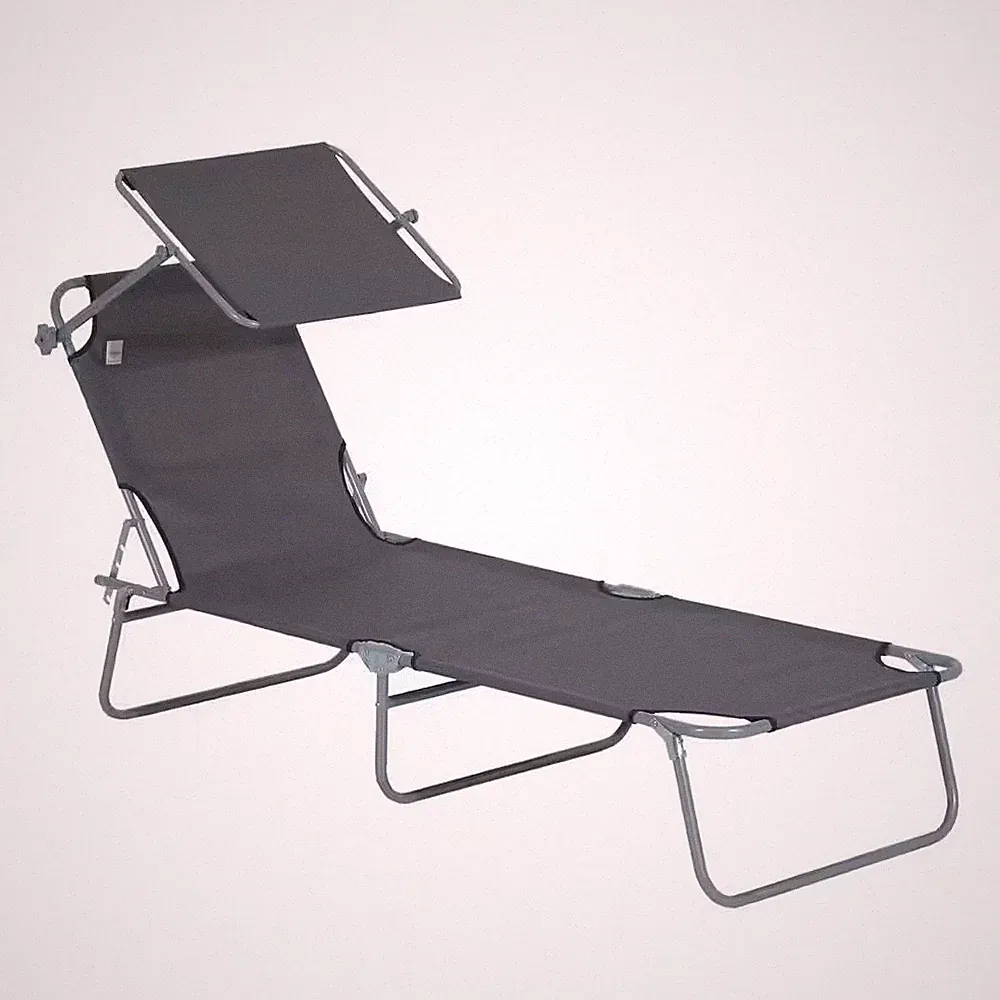 Metal Gray Fabric Outdoor Folding Chaise Lounge with Canopy, Adjustable Back, Br