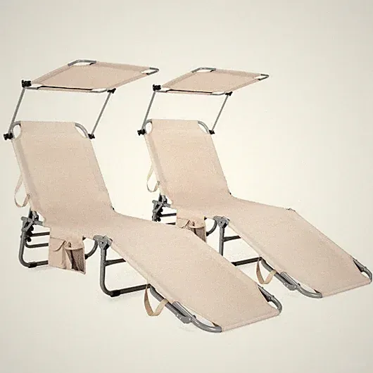 New Listing Adjustable Outdoor Beach Patio Pool Recliner with Sun Shade - Color: Beige