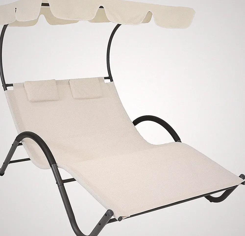 Outdoor Double Chaise Lounge with Canopy Shade and Headrest Pillows - Beige Fabr