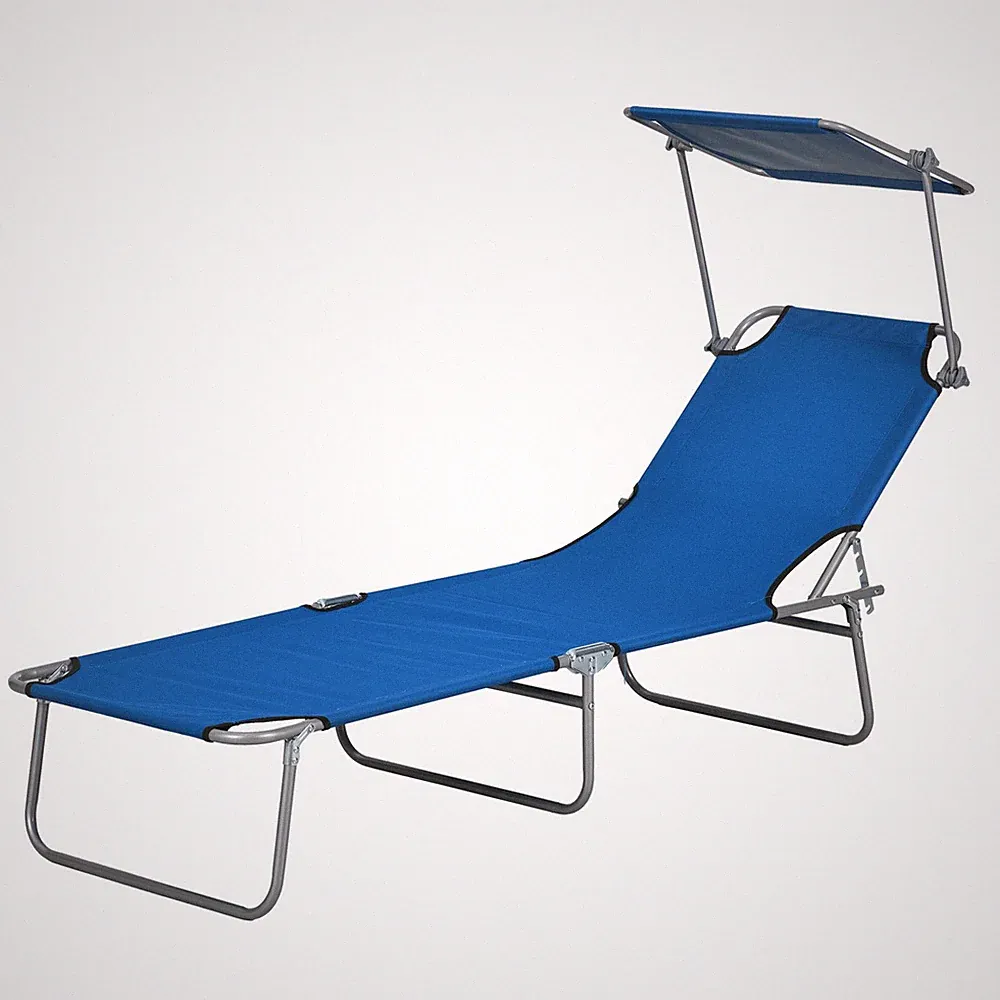 Outdoor Pool Chaise Lounge Chair Folding Tanning Chair with Sun Shade Blue