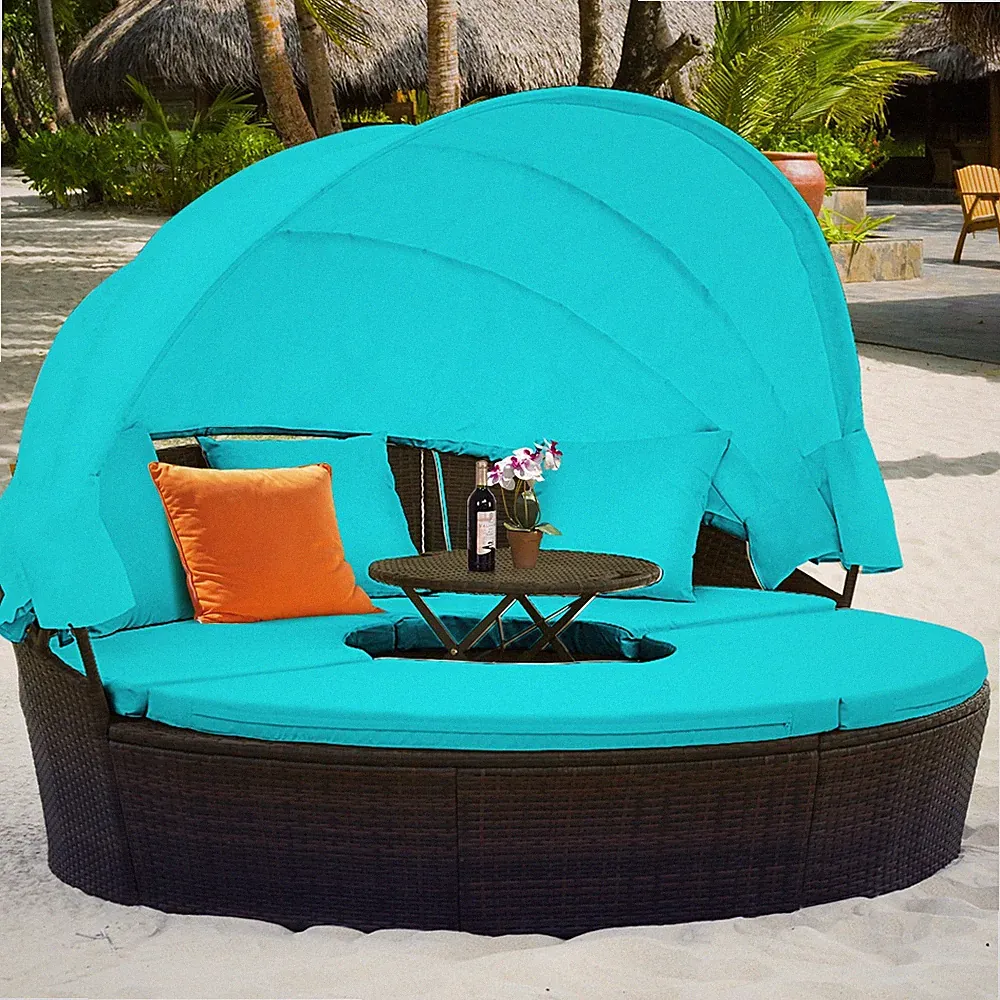 Outdoor Rattan Daybed Cushioned Sofa Adjustable Table Top Canopy Turquoise