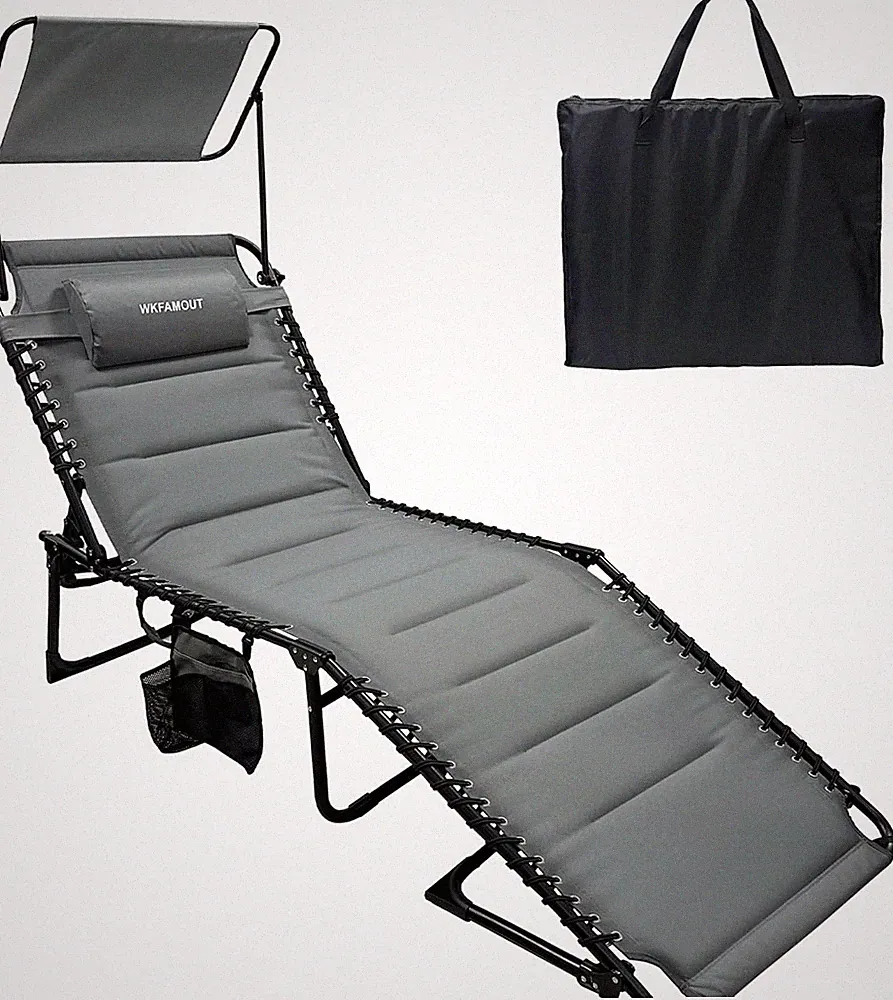 Padded Folding Lounge Chair with Canopy & Pillow - 5-Position Beach Chair