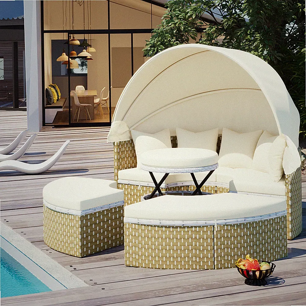 Patio Round Wicker Sunbed Daybed Sectional Sofa Set W/ Retractable Canopy Beige