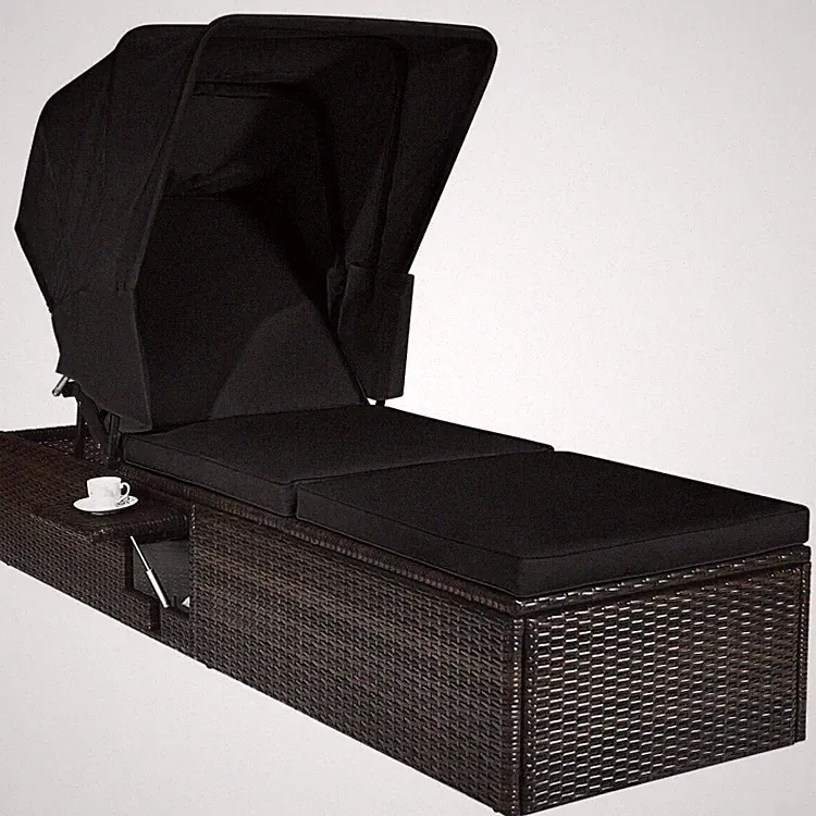 Rattan Reclining Chaise Lounge Chair Outdoor Patio Black Cushions Folding Canopy