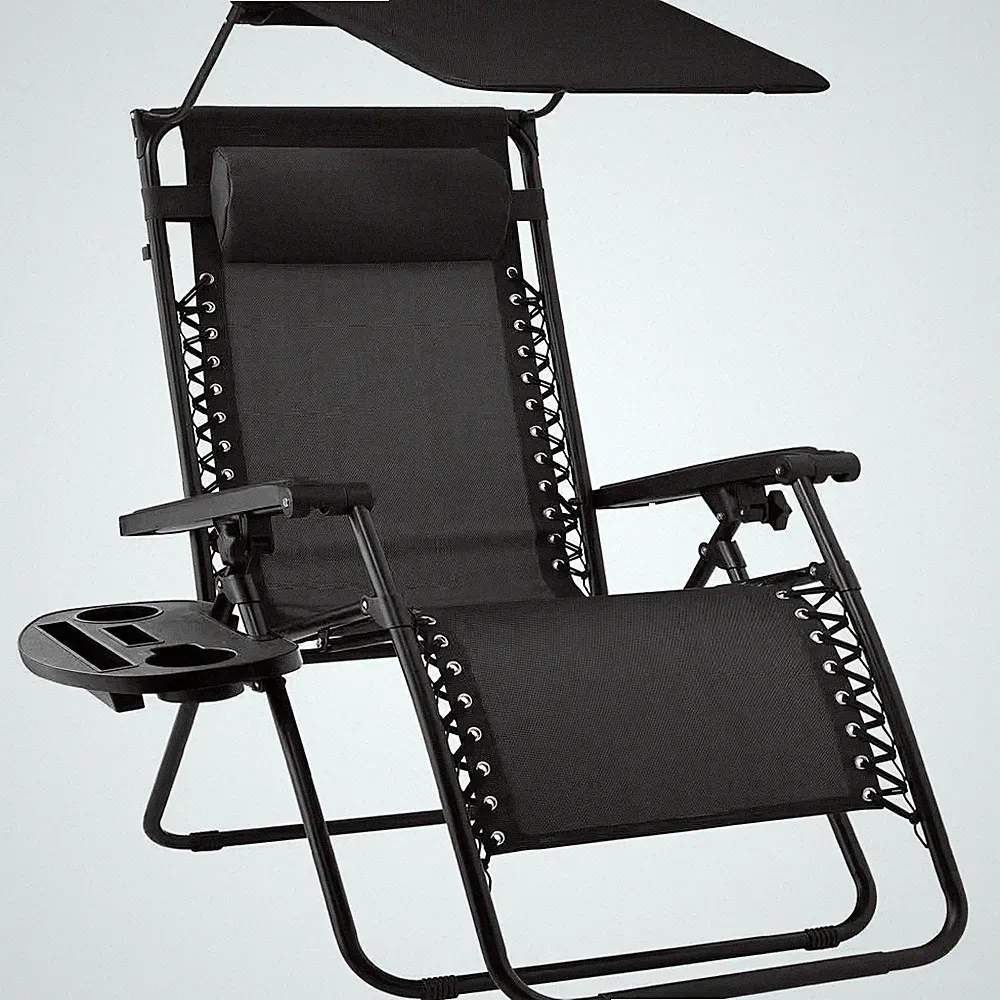 Zero Gravity Folding Reclining Black Fabric Outdoor Lawn Chair with Canopy Shade