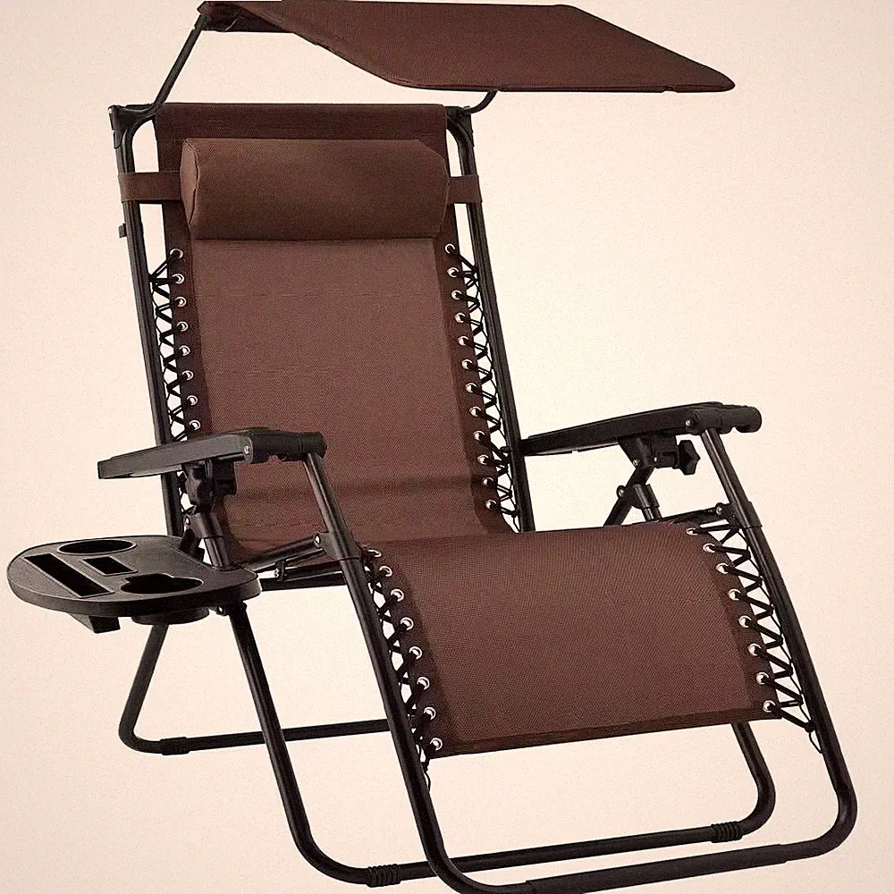 Zero Gravity Folding Reclining Brown Fabric Outdoor Lawn Chair with Canopy Shade