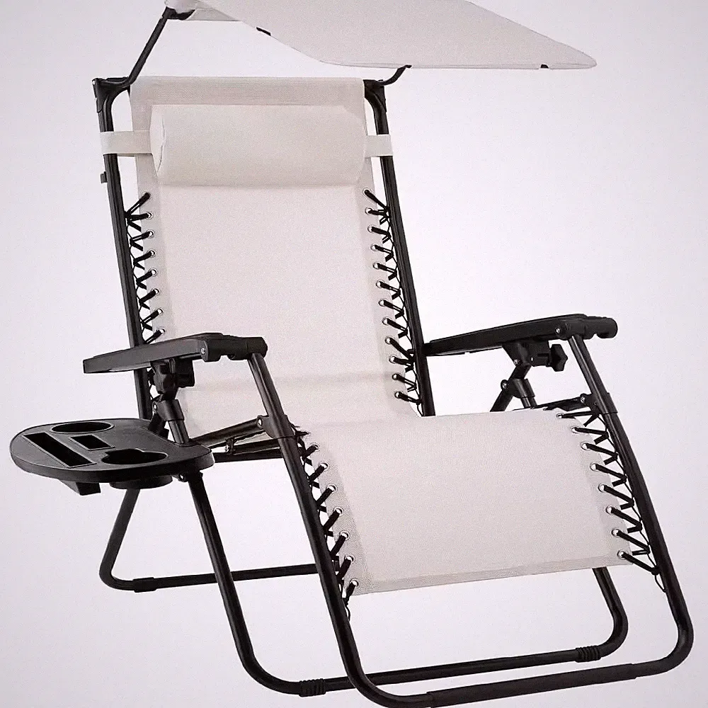 Zero Gravity Folding Reclining Ivory Fabric Outdoor Lawn Chair with Canopy Shade
