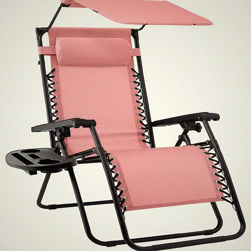 Zero Gravity Folding Reclining Pink Fabric Outdoor Lawn Chair with Canopy Shade