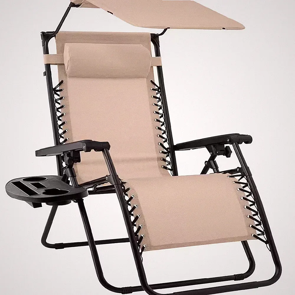 Zero Gravity Folding Reclining Sand Fabric Outdoor Lawn Chair with Canopy Shade