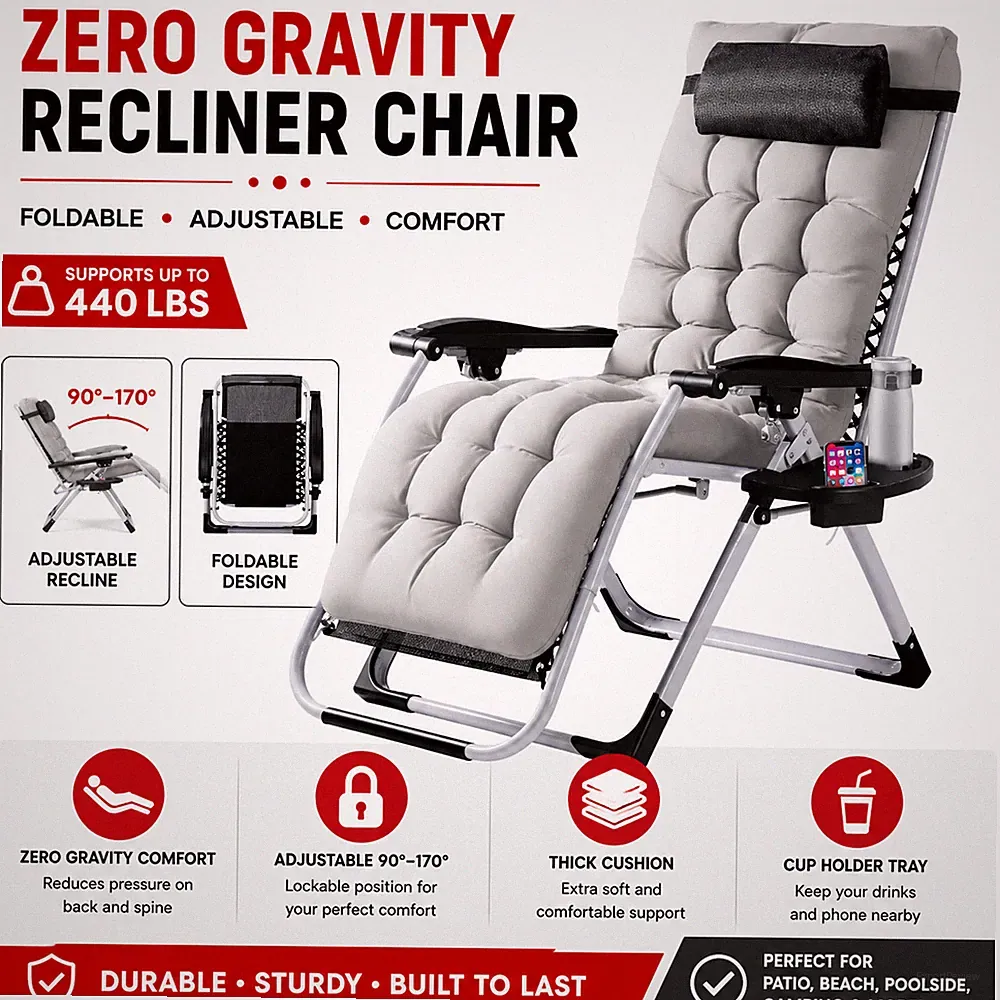 Zero Gravity Recliner Chair Foldable Patio Lounge w/ Cushion Cup Holder Outdoor