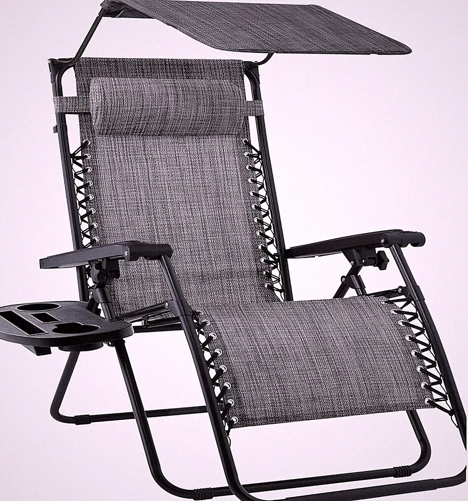 Zero Gravity Recliner Chair w/ Canopy Headrest Tray Folding Patio Lounge Gray